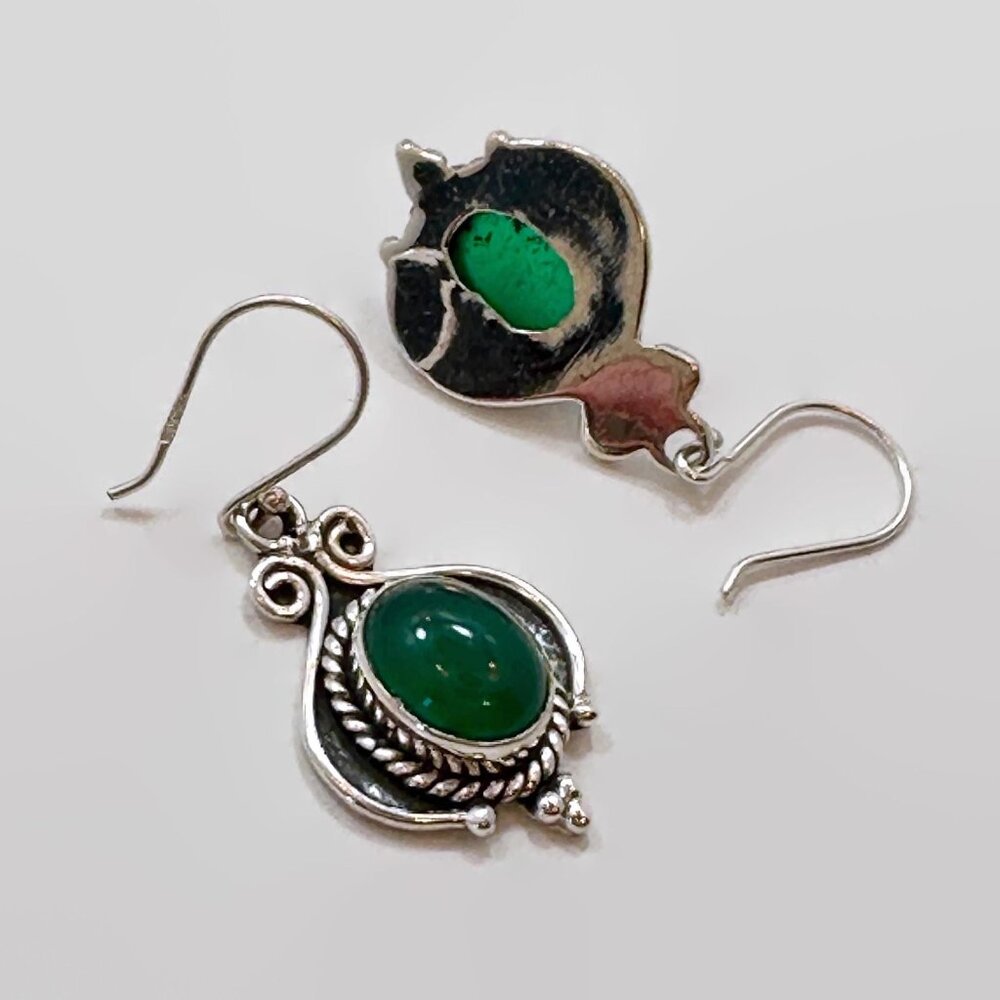 Green Onyx Earrings, Sterling Silver, Pierced, Dangle Earrings, Green Stone - Picture 3 of 3